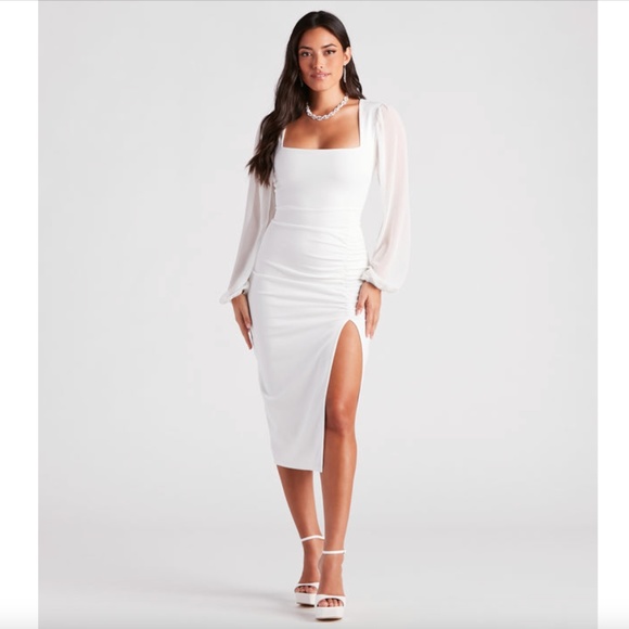 Windsor Dresses & Skirts - WINDSOR | White Marjorie Formal Chiffon Sleeve Midi Dress (size medium)